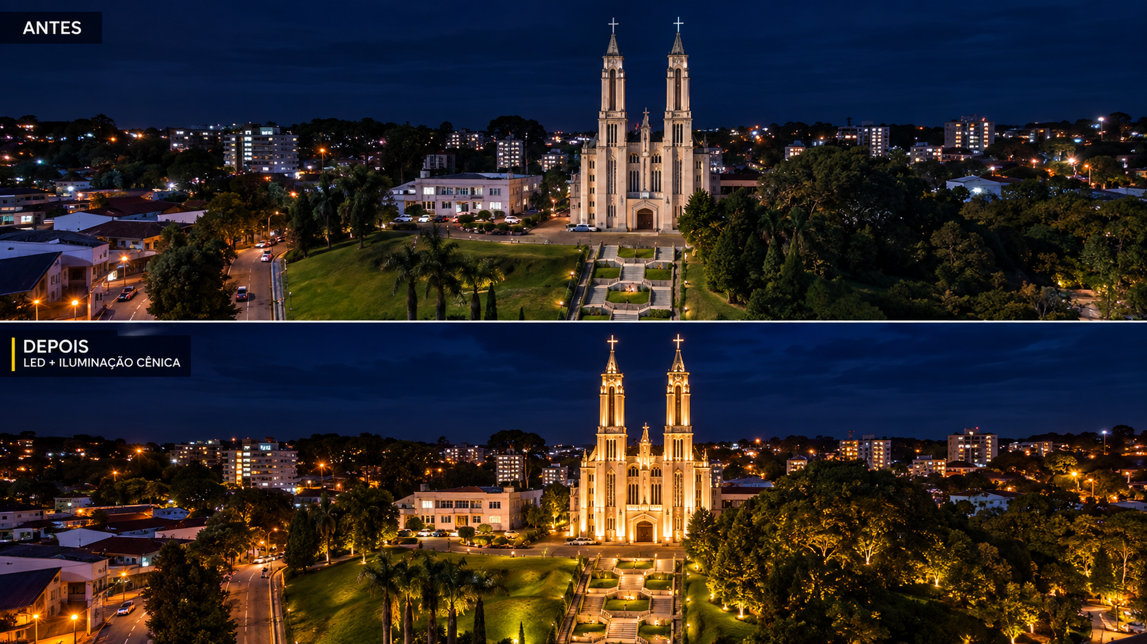 Igreja Matriz de São Bento do Sul antes e depois da nova iluminação