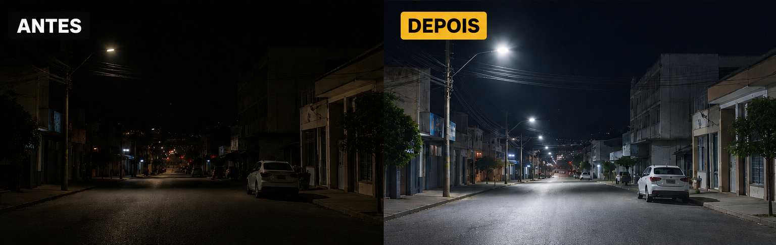 Rua de São Bento do Sul antes e depois da nova iluminação